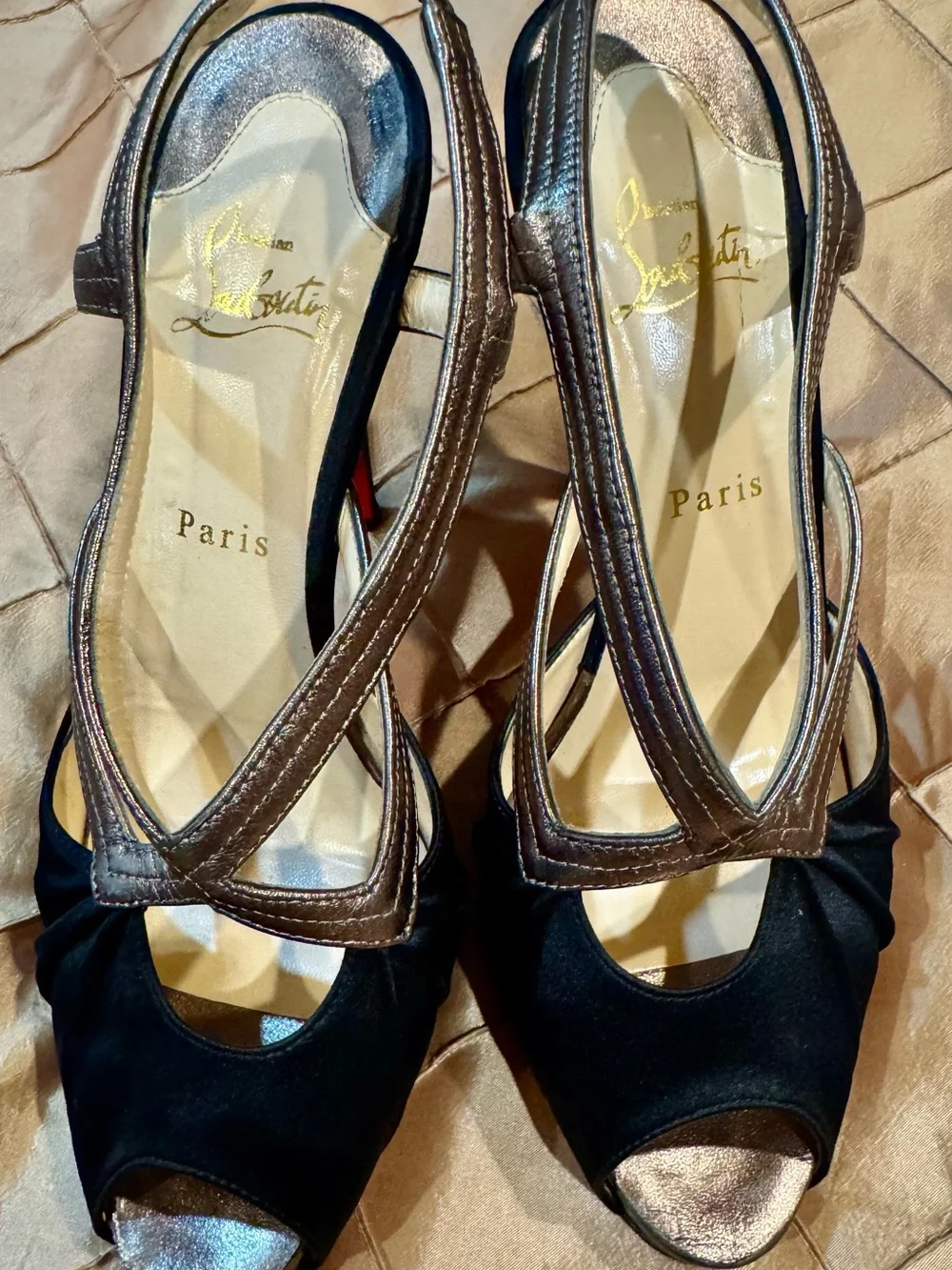 Christian Louboutin Black and Bronze Peep-Toe Slingback Heels
